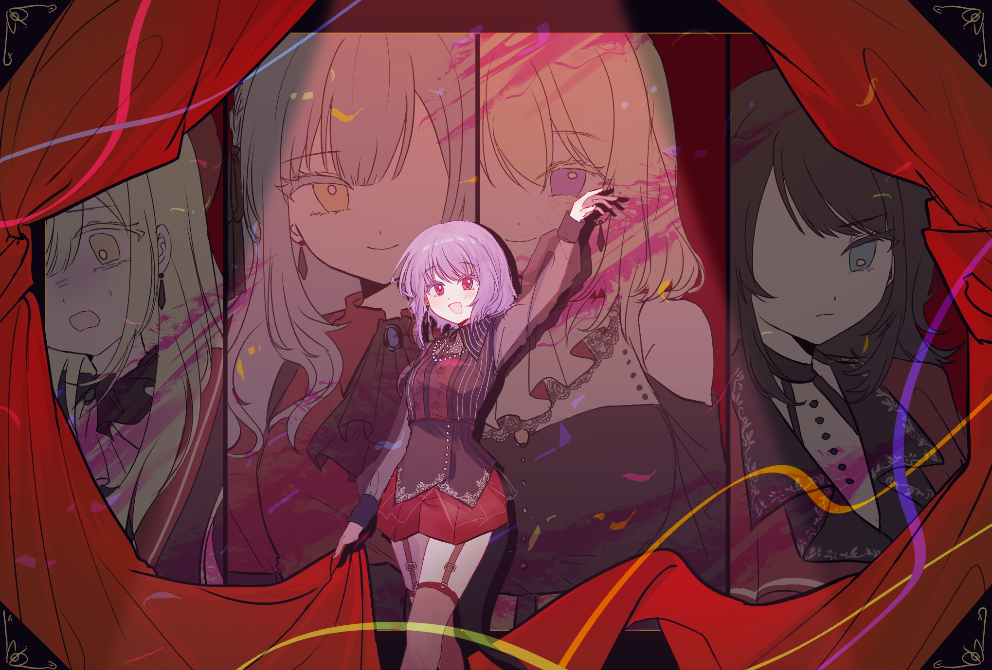achadtea, amoris (bang dream!), doloris (bang dream!), misumi uika, mortis (bang dream!), mortis (costume) (bang dream!), oblivionis (bang dream!), timoris (bang dream!), togawa sakiko, wakaba mutsumi, yahata umiri, yuutenji nyamu, bang dream!, bang dream! it's mygo!!!!!, chinese commentary, commentary request, highres, 5girls, arm up, ascot, black ascot, black dress, black hair, black shirt, blonde hair, blue eyes, blue hair, capelet, closed mouth, clothing cutout, curtains, dress, earrings, garter straps, green hair, hat, jewelry, long hair, medium hair, multiple girls, open mouth, pink eyes, purple eyes, purple hair, red capelet, red hat, red shirt, red shorts, red thighhighs, see-through clothes, see-through sleeves, shirt, short hair, shorts, shoulder cutout, smile, stage curtains, thighhighs, yellow eyes
