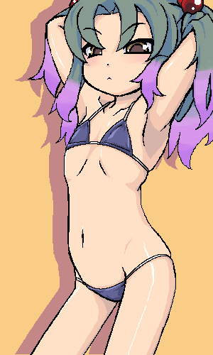 lowres, 1girl, bikini, blush, brown eyes, female focus, flat chest, groin, lowleg, lowleg bikini, micro bikini, multicolored hair, oekaki, skindentation, solo, swimsuit, two-tone hair