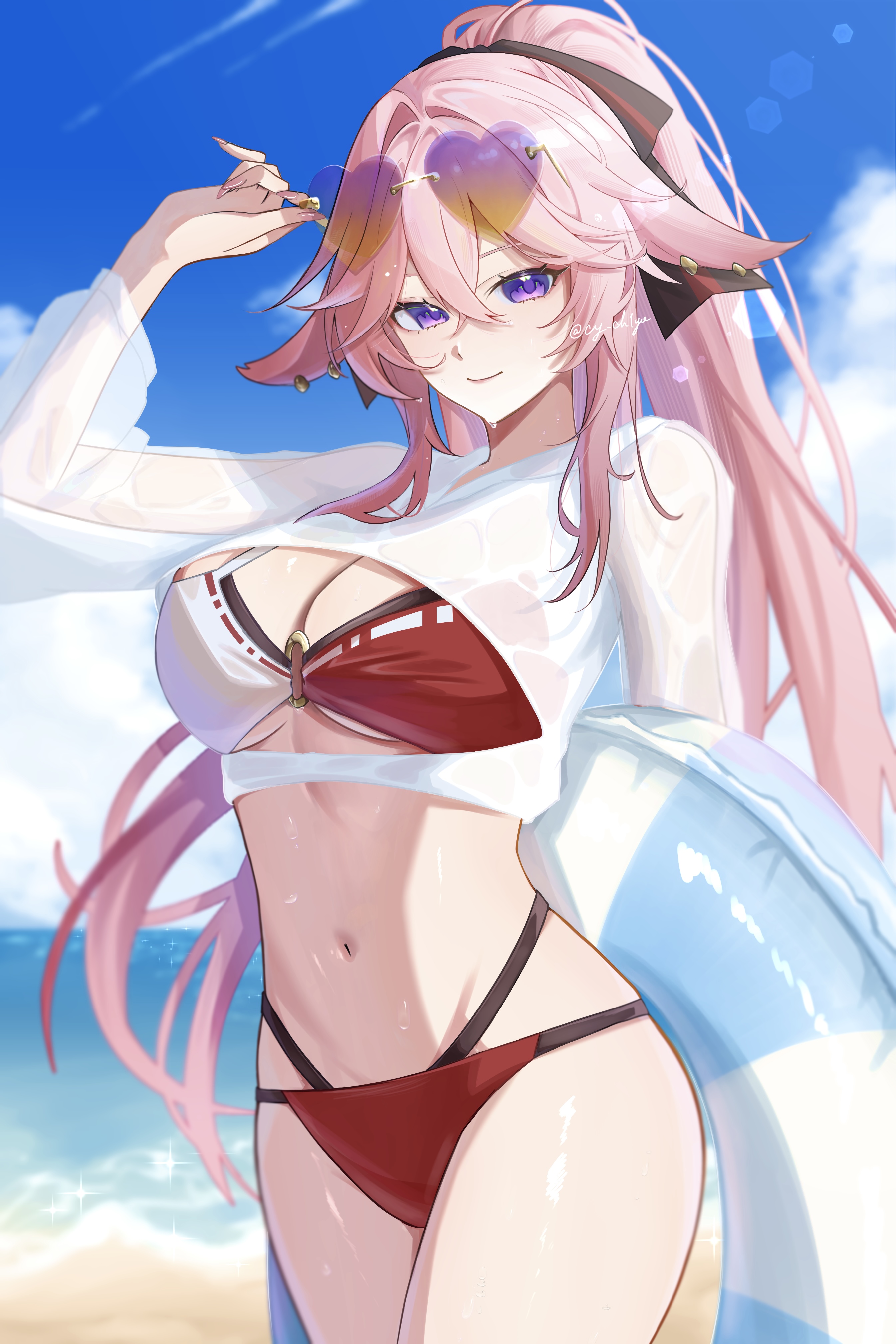 ch1yo (cy ch1yo), yae miko, genshin impact, absurdres, highres, 1girl, alternate costume, alternate hairstyle, arm up, beach, bikini, black bow, blue sky, bow, breast cutout, breasts, closed mouth, cloud, cloudy sky, curtained hair, eyewear on head, gradient-tinted eyewear, hair bow, heart, heart-shaped eyewear, innertube, lens flare, long hair, looking at viewer, multicolored bikini, navel, ocean, pink hair, ponytail, purple eyes, red bikini, sand, see-through clothes, shirt, sidelocks, sky, smile, solo, stomach, swim ring, swimsuit, thighs, tinted eyewear, two-tone bikini, wet, wet clothes, white bikini, white shirt