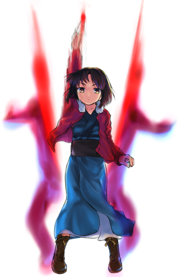 ryougi shiki, kara no kyoukai, 1girl, boots, brown eyes, brown hair, female focus, jacket, japanese clothes, kimono, knife, obi, red jacket, sash, short hair, solo