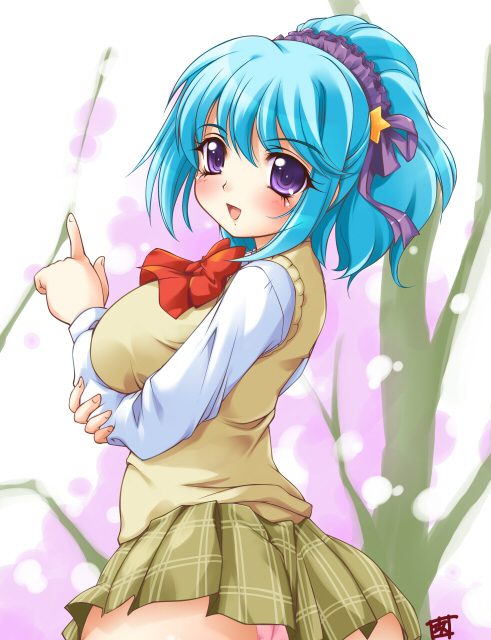kougasha, kurono kurumu, rosario+vampire, 00s, 1girl, aqua hair, breasts, demon girl, female focus, huge breasts, panties, purple eyes, school uniform, serafuku, solo, sweater, sweater vest, underwear, vest