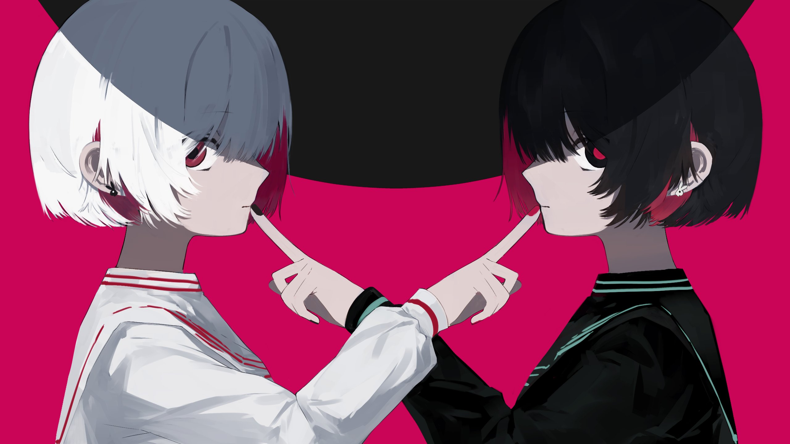 shin such, identity (vocaloid), indie utaite, highres, 2girls, black eyes, black hair, black nails, black sailor collar, black serafuku, black shirt, black vs white, colored inner hair, contrast, dongdang, ear piercing, earrings, finger to another's mouth, from side, jewelry, long sleeves, looking at viewer, multicolored hair, multiple girls, nail polish, piercing, profile, red background, red eyes, red hair, sailor collar, school uniform, serafuku, shirt, short hair, simple background, upper body, white hair, white shirt