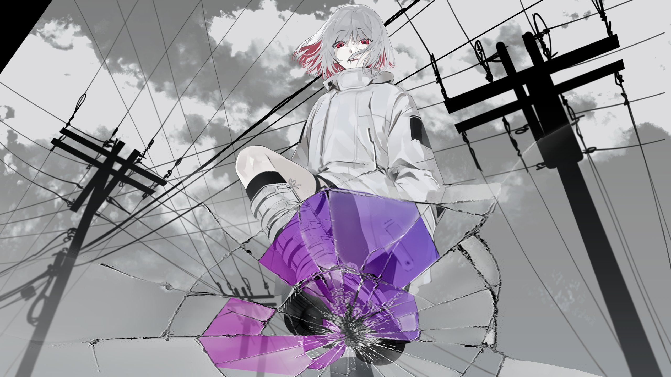shin such, indie utaite, highres, 1girl, cloud, crack, dongdang, jacket, long sleeves, looking at viewer, multicolored hair, open mouth, outdoors, power lines, red eyes, red hair, short hair, sitting, sky, smile, socks, solo, spot color, utility pole, white hair