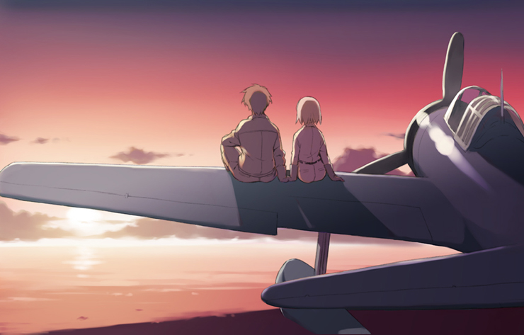 morisawa haruyuki, fana del moral, karino charles, hikuushi series, original, toaru hikuushi e no tsuioku, 10s, 1boy, 1girl, a6m2, aircraft, airplane, belt, brown hair, cloud, couple, float plane, floatplane, from behind, gloves, hetero, military, military uniform, outdoors, pink hair, rufe, seaplane, short hair, sitting, sky, sun, sunset, vehicle focus