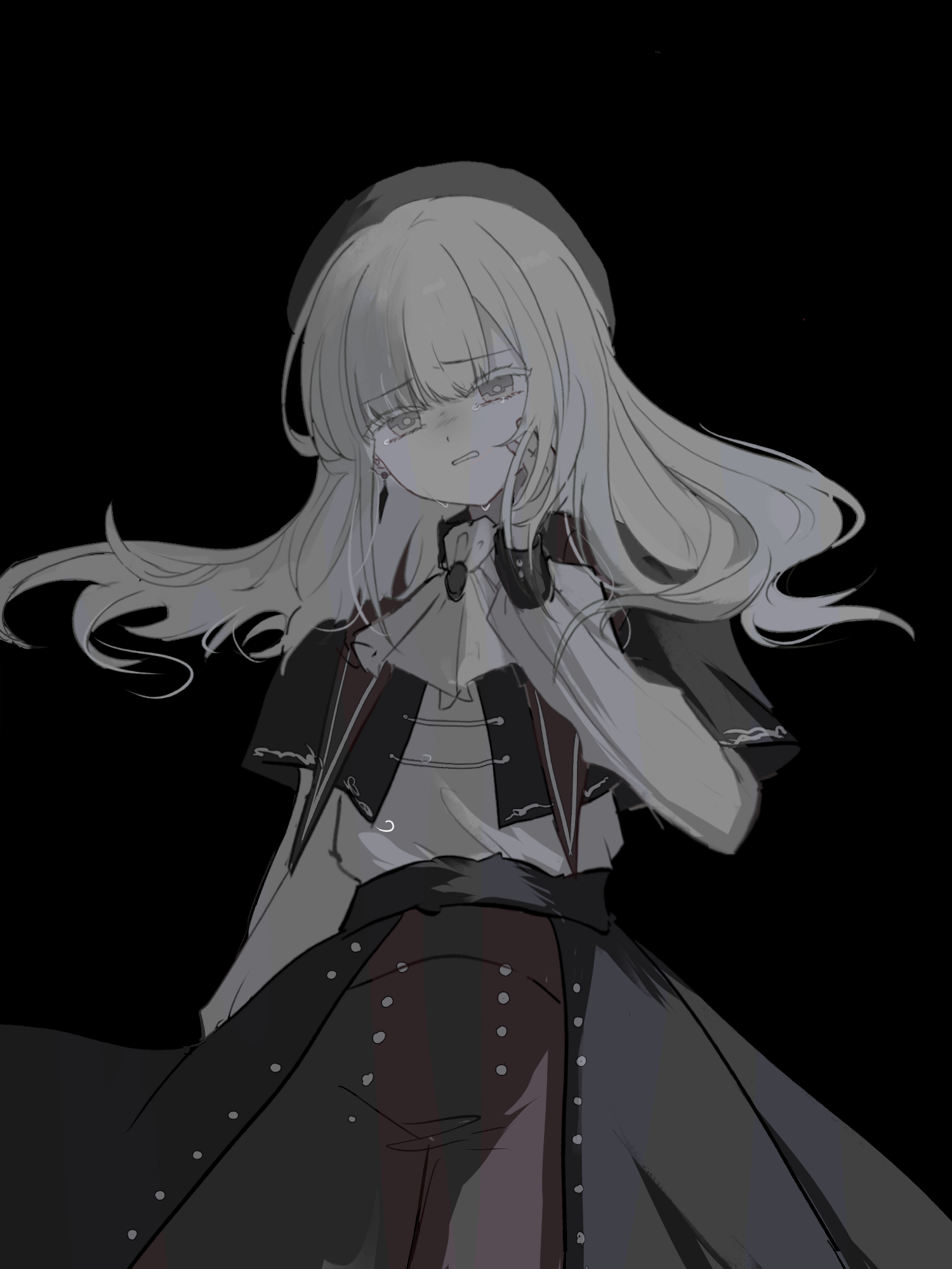 achadtea, mortis (bang dream!), mortis (costume) (bang dream!), wakaba mutsumi, bang dream!, bang dream! it's mygo!!!!!, chinese commentary, commentary request, highres, 1girl, ascot, earrings, floating hair, greyscale, hat, jewelry, long hair, monochrome, parted lips, see-through clothes, see-through sleeves, shirt, skirt, solo, tears