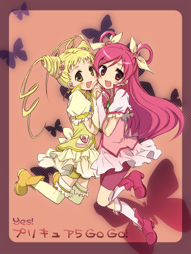 akane souichi, suimya, cure dream, cure lemonade, kasugano urara (yes! precure 5), yumehara nozomi, precure, yes! precure 5, yellow legwear, 00s, 2girls, cone hair bun, copyright name, hair bun, hair rings, holding hands, multiple girls, pink background, pink shorts, pink skirt, shorts, shorts under skirt, skirt, thighhighs, yellow eyes, yellow skirt