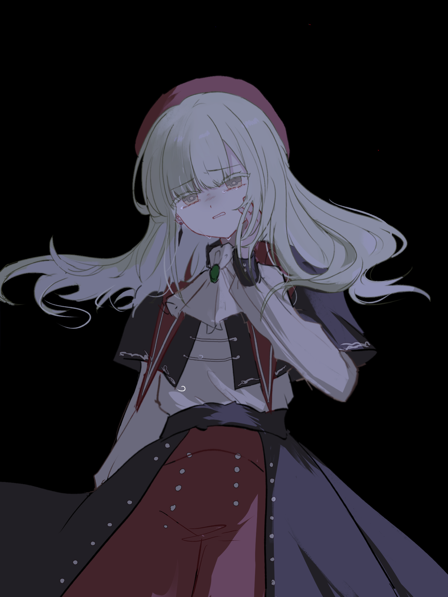achadtea, mortis (bang dream!), mortis (costume) (bang dream!), wakaba mutsumi, bang dream!, bang dream! it's mygo!!!!!, chinese commentary, commentary request, highres, 1girl, ascot, black capelet, capelet, earrings, floating hair, green hair, hat, jewelry, long hair, parted lips, red hat, red shorts, see-through clothes, see-through sleeves, shirt, shorts, skirt, solo, tears, white ascot, white shirt, yellow eyes