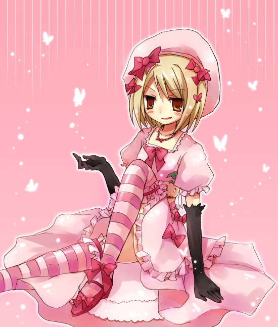 suzushiro kurumi, lambdadelta, umineko no naku koro ni, 00s, 1girl, blonde hair, brown eyes, dress, elbow gloves, female focus, gloves, hat, pink background, pink dress, pink hat, pink theme, solo, striped clothes, striped thighhighs, thighhighs