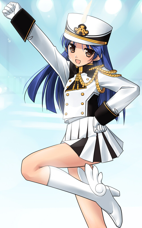 shimamura miwa, kisaragi chihaya, idolmaster, idolmaster (classic), 00s, 1girl, band uniform, blue hair, boots, brown eyes, female focus, hat, long hair, miniskirt, open mouth, shako cap, skirt, smile, solo