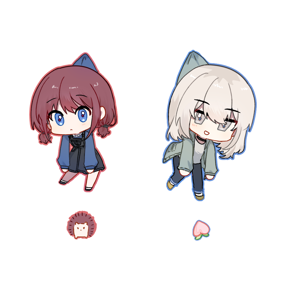 achadtea, iseri nina, kawaragi momoka, girls band cry, chinese commentary, commentary request, 2girls, black choker, black skirt, blue eyes, chibi, chibi only, choker, closed mouth, food, fruit, grey eyes, grey hair, grey jacket, grey pants, hedgehog, jacket, looking at viewer, multicolored hair, multiple girls, open mouth, pants, peach, red hair, roots (hair), shirt, short twintails, simple background, skirt, smile, suspender skirt, suspenders, twintails, white background, white shirt