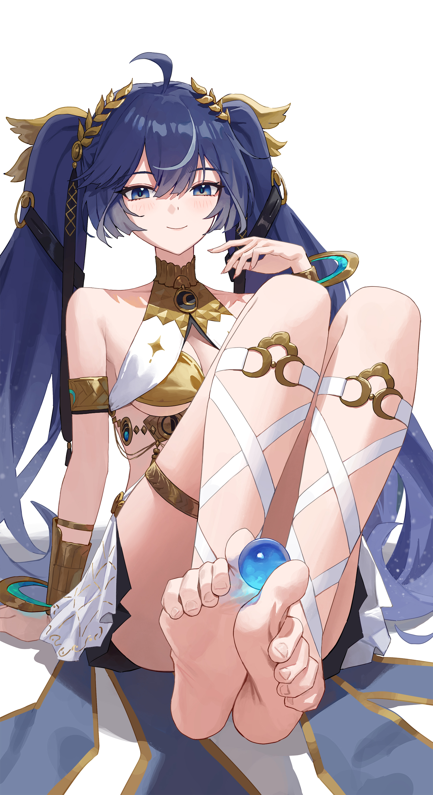 llami 0, iuno (wuthering waves), wuthering waves, absurdres, commentary, hashtag-only commentary, highres, 1girl, ahoge, armlet, bare shoulders, barefoot, black skirt, blue eyes, blue hair, breasts, cleavage, closed mouth, feet, fingernails, gold bra, hand up, head wreath, jewelry, knees up, leg wrap, light blush, long hair, looking at viewer, medium breasts, miniskirt, multicolored hair, simple background, sitting, skirt, smile, soles, solo, streaked hair, thighlet, thighs, toes, twintails, very long hair, white background