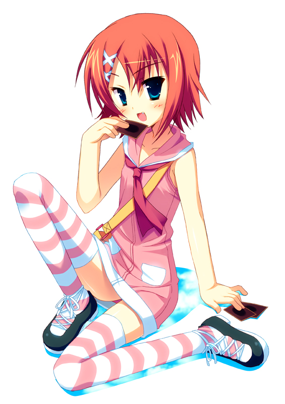 meito (maze), miyoshi yuiko, natsuzora kanata, yu-gi-oh!, 1girl, blue eyes, card, fang, female focus, full body, hair ornament, orange hair, pink theme, short hair, solo, striped clothes, striped thighhighs, thighhighs, zettai ryouiki