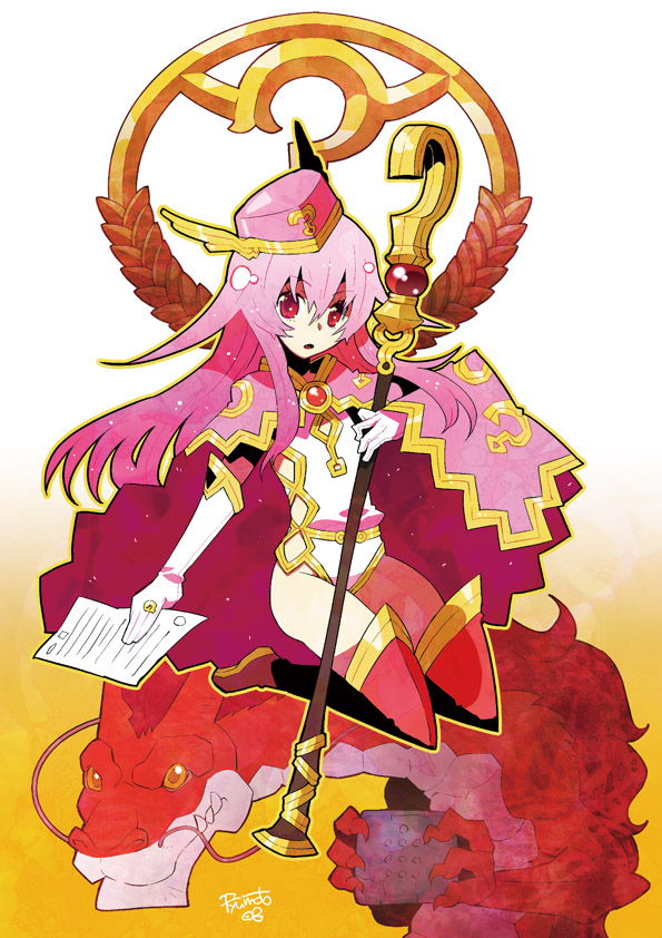 hamamoto ryuusuke, hatena yousei, benesse, 1girl, cape, female focus, flat chest, hat, pink hat, solo, staff, thighhighs
