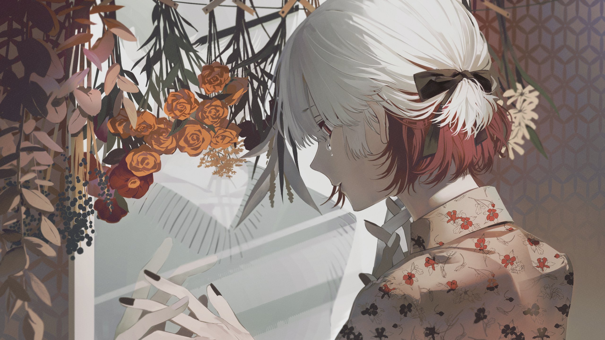 shin such, indie utaite, highres, 1girl, black bow, black nails, bow, crying, dongdang, floral print, flower, hair bow, hair ribbon, japanese clothes, kimono, multicolored hair, nail polish, orange flower, profile, red eyes, red flower, red hair, ribbon, short hair, solo, tears, upper body, white hair