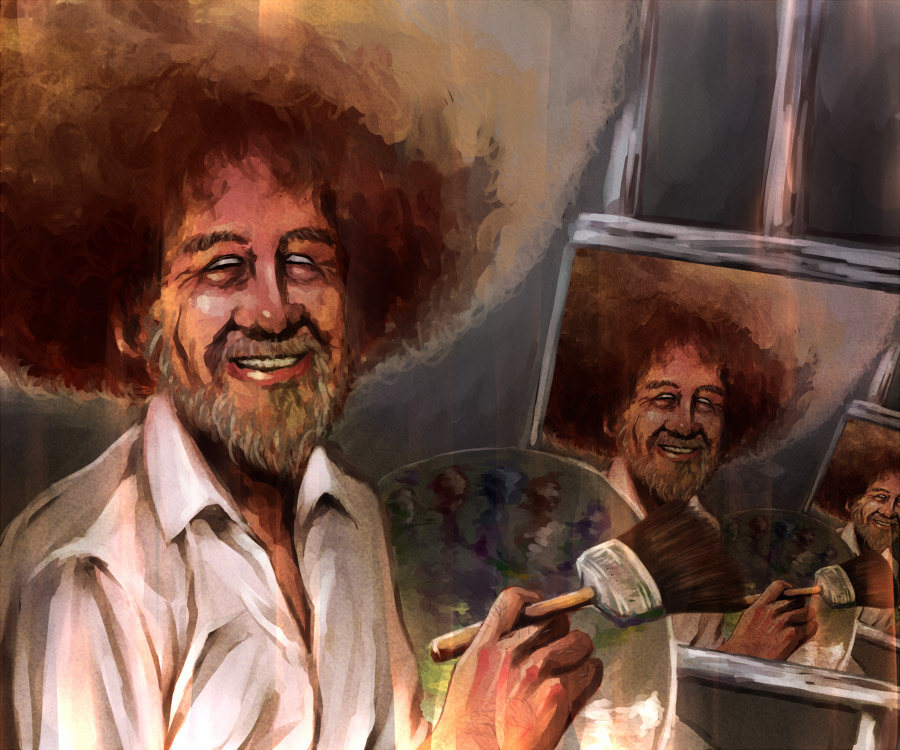 nekokun, bob ross, original, real life, the joy of painting, commentary request, 1boy, afro, beard, creepy, easel, empty eyes, facial hair, grin, horror (theme), huge afro, paint palette, paintbrush, painting (action), real life insert, recursion, smile, trim brush, white eyes