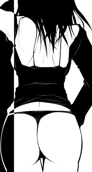 1girl, ass, back, female focus, greyscale, high contrast, monochrome, panties, solo, thong, underwear