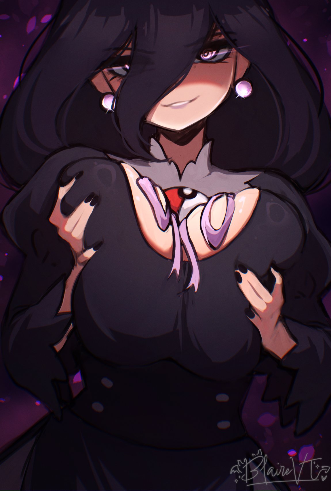 blairevt, hex maniac (pokemon legends: z-a), nintendo, pokemon, pokemon legends: z-a, corrupted twitter file, highres, 1girl, alternate breast size (larger), breasts, earrings, glowing, glowing eyes, hair between eyes, huge breasts, jewelry, long hair, long hair between eyes, looking at viewer, purple hair, signature, solo