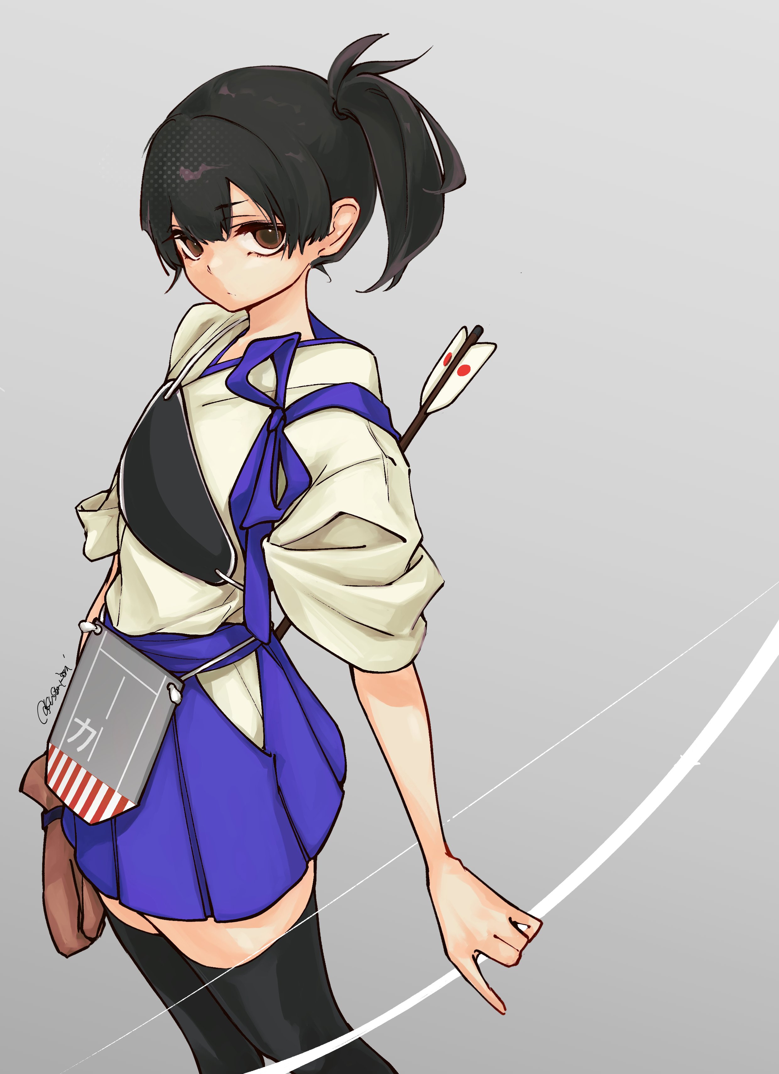 kusomisoni, kaga (kancolle), kantai collection, absurdres, commentary, highres, 1girl, arrow (projectile), black hair, black thighhighs, blue hakama, bow (weapon), brown eyes, closed mouth, gloves, grey background, hair between eyes, hakama, hakama skirt, holding, holding weapon, japanese clothes, kimono, looking at viewer, muneate, partially fingerless gloves, partly fingerless gloves, ponytail, side ponytail, simple background, skirt, solo, tasuki, thighhighs, weapon, white kimono, yugake
