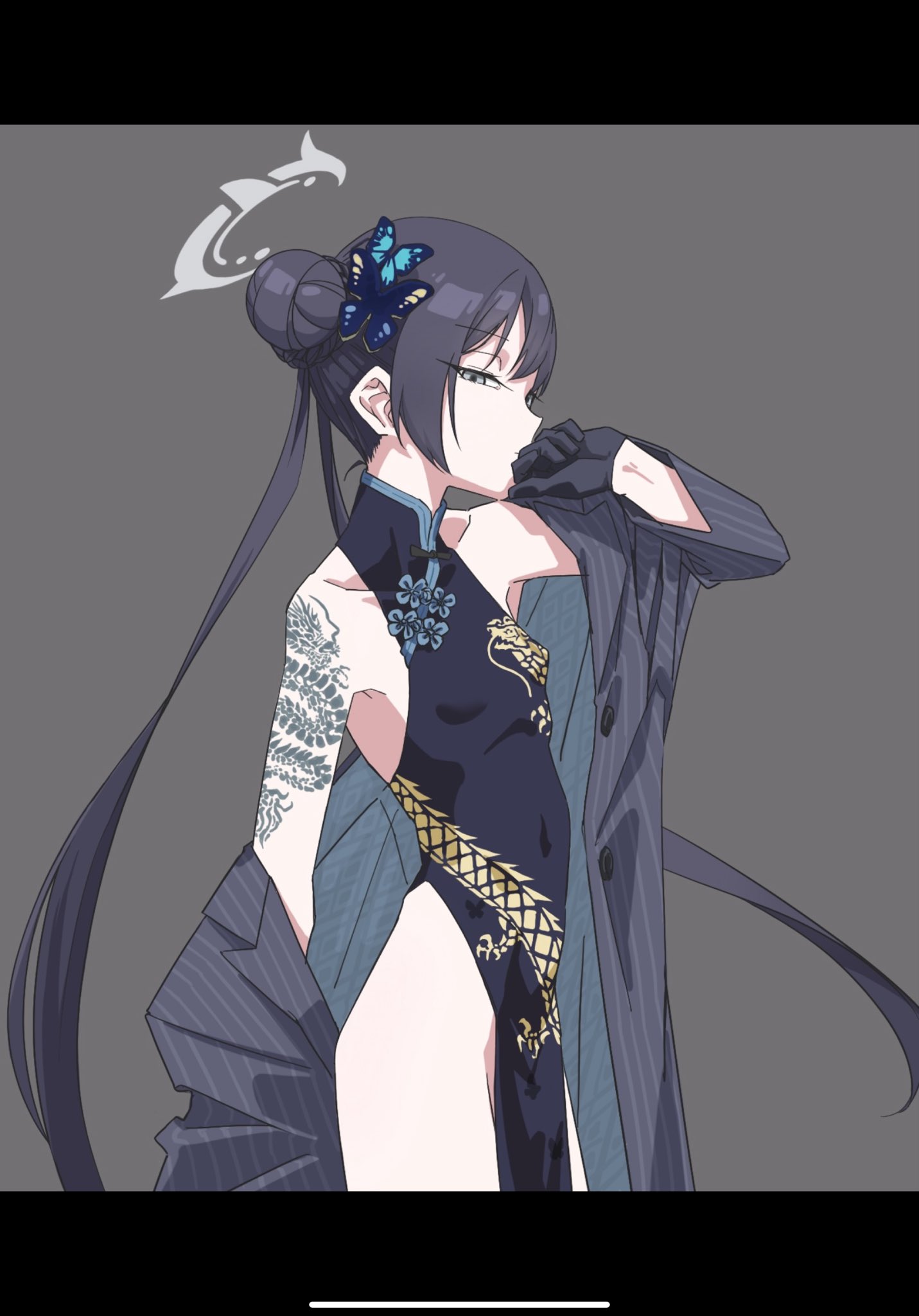 vividnatadecoco, kisaki (blue archive), blue archive, commentary, highres, symbol-only commentary, 1girl, bare shoulders, black dress, black gloves, black hair, breasts, bug, butterfly, china dress, chinese clothes, collarbone, covered navel, double bun, dress, from side, gloves, grey background, grey hair, grey jacket, hair bun, halo, hand to own mouth, hand up, insect, jacket, letterboxed, long hair, looking at viewer, looking to the side, off shoulder, open clothes, open jacket, pinstripe jacket, pinstripe pattern, simple background, sleeveless, sleeveless dress, small breasts, solo, twintails, very long hair
