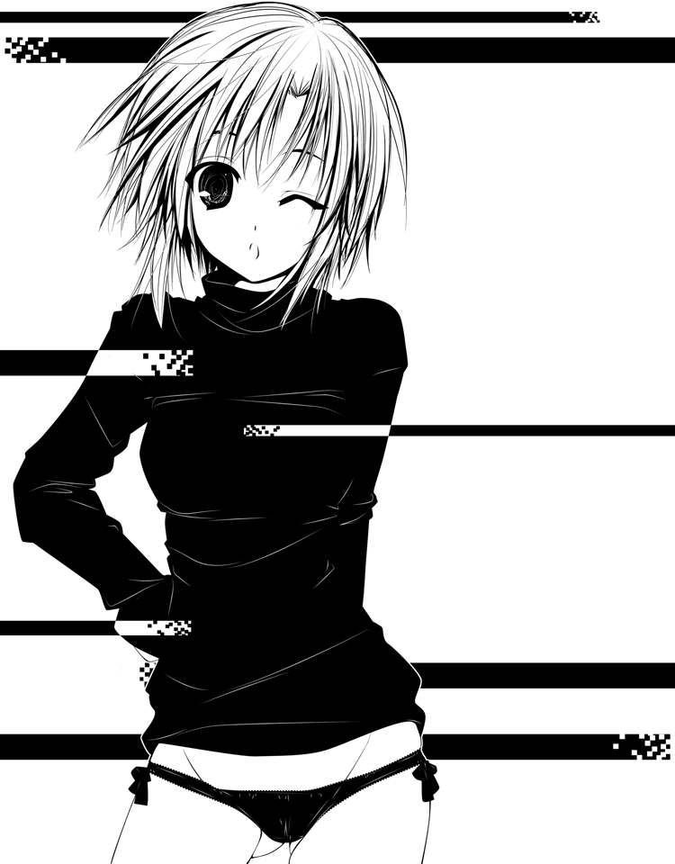 1girl, female focus, greyscale, lowleg, lowleg panties, monochrome, panties, solo, underwear