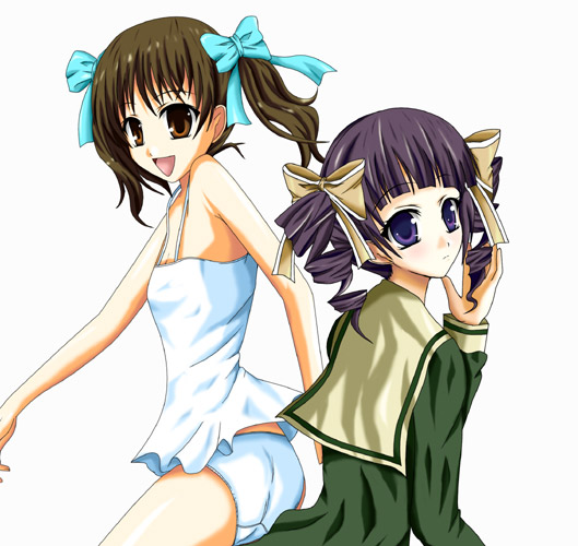 natsuzakura yuuki, fukuzawa yumi, matsudaira touko, maria-sama ga miteru, 00s, 2girls, :d, armpits, bare shoulders, blunt bangs, brown hair, dress, long sleeves, multiple girls, open mouth, panties, purple eyes, purple hair, sailor collar, school uniform, serafuku, short hair, simple background, sleeveless, sleeveless dress, smile, sundress, twintails, underwear, white background, white dress, white panties