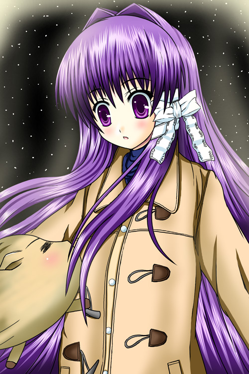 natsuzakura yuuki, fujibayashi kyou, clannad, striped, 00s, 1girl, buttons, coat, duffel coat, female focus, hair intakes, hair ribbon, long hair, long sleeves, purple eyes, purple hair, ribbon, sidelocks, solo, vertical stripes, very long hair