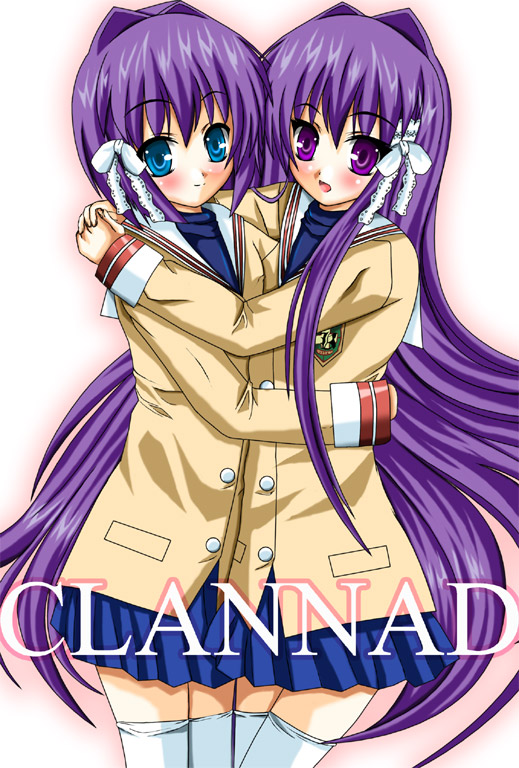 natsuzakura yuuki, fujibayashi kyou, fujibayashi ryou, clannad, white legwear, 00s, 2girls, :d, coat, copyright name, duffel coat, hair intakes, hair ribbon, hug, long sleeves, looking at viewer, multiple girls, open mouth, ribbon, school uniform, siblings, simple background, sisters, smile, thighhighs, twins, white background, yuri, zettai ryouiki