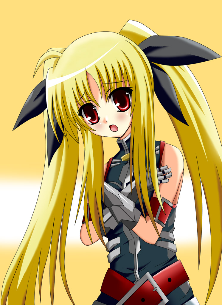 natsuzakura yuuki, fate testarossa, fate testarossa (true sonic form), lyrical nanoha, mahou shoujo lyrical nanoha, mahou shoujo lyrical nanoha a's, bad id, bad pixiv id, 00s, 1girl, :o, bare shoulders, belt, black dress, blonde hair, buckle, dress, female focus, gauntlets, looking at viewer, open mouth, red eyes, sidelocks, simple background, solo, yellow background
