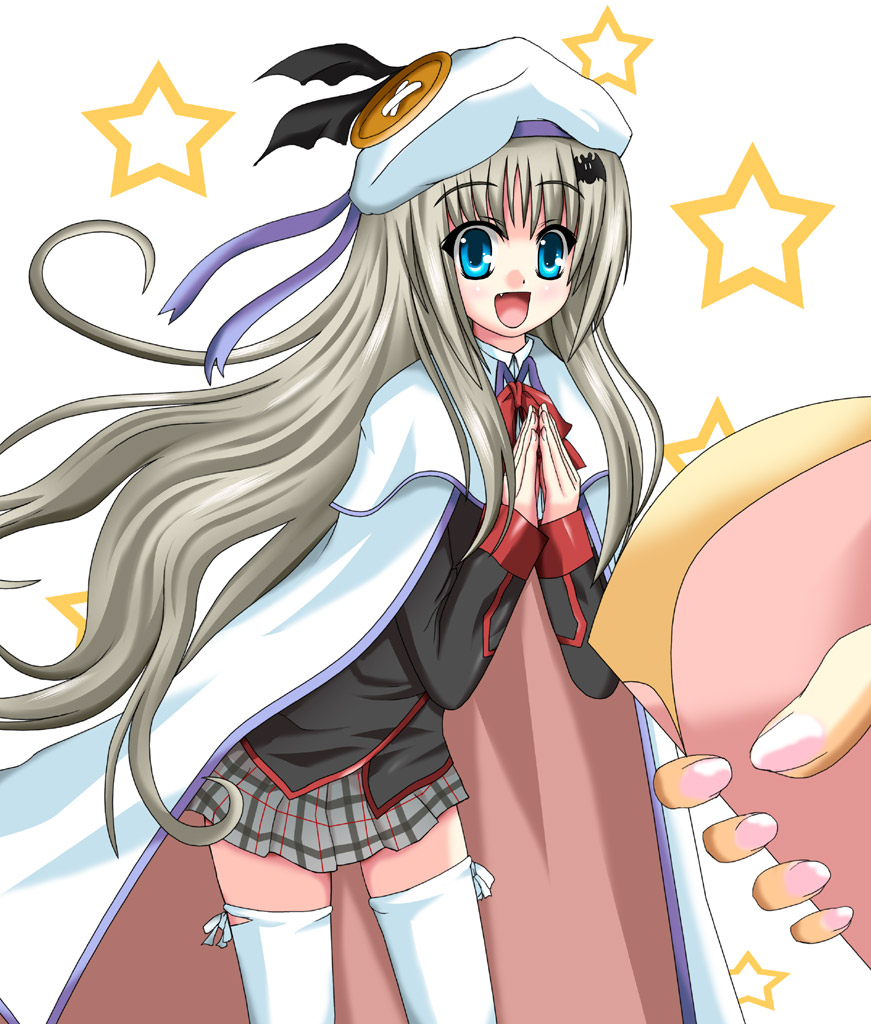 natsuzakura yuuki, noumi kudryavka, little busters!, silver hair, bad id, bad pixiv id, blue eyes, buttons, cape, crepe, fang, food, hat, large buttons, long hair, open mouth, plaid clothes, plaid skirt, school uniform, serafuku, skirt, solo, star (symbol), thighhighs, very long hair
