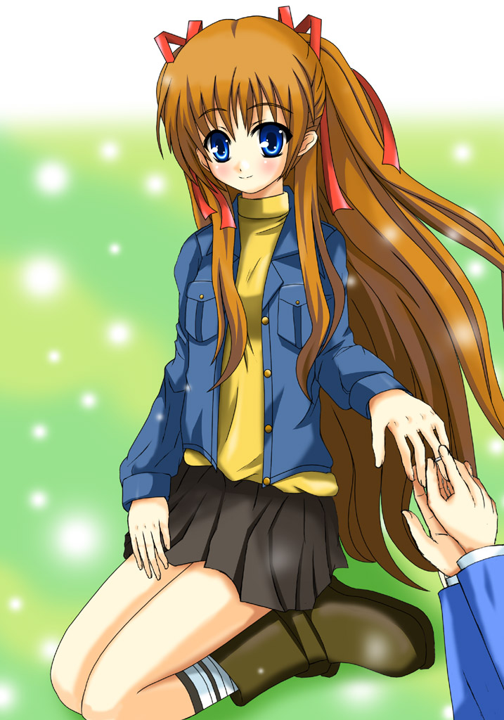 natsuzakura yuuki, sawatari makoto, kanon, brown footwear, striped legwear, bad id, bad pixiv id, 1girl, blonde hair, blue eyes, blush, boots, brown skirt, denim, denim jacket, hair ribbon, holding hands, hugging own legs, jacket, long hair, long sleeves, looking at viewer, miniskirt, orange hair, ribbon, seiza, shirt, sitting, skirt, socks, solo focus, t-shirt, very long hair