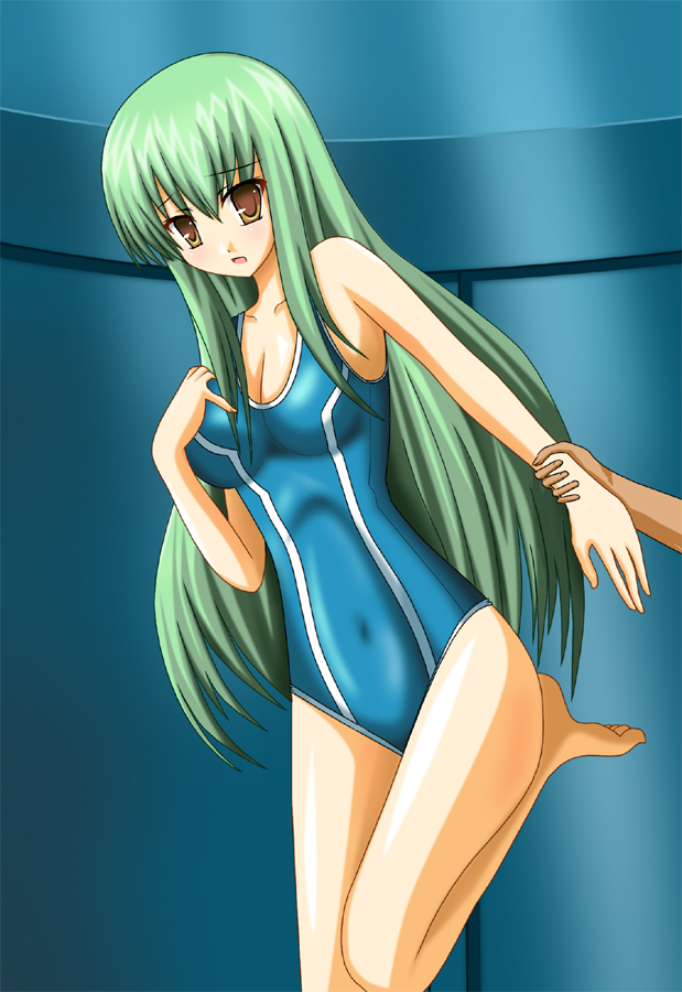 natsuzakura yuuki, c.c., code geass, 00s, 1girl, barefoot, blue one-piece swimsuit, breasts, cleavage, covered navel, green hair, holding another's wrist, large breasts, long hair, one-piece swimsuit, solo focus, swimsuit, very long hair