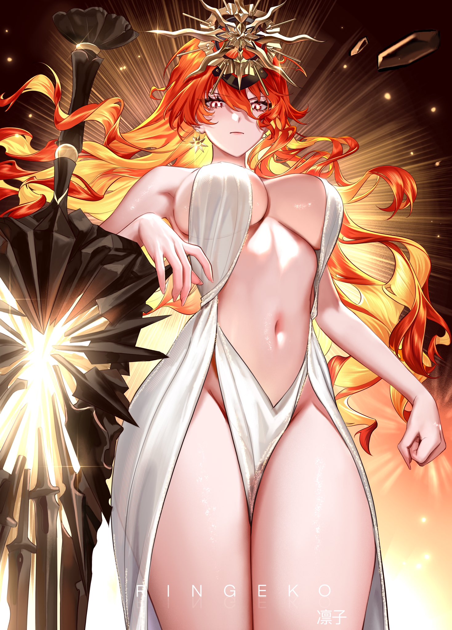 ringeko-chan, augusta (wuthering waves), wuthering waves, commentary, highres, 1girl, arm rest, artist name, bare shoulders, breasts, clenched hand, closed mouth, colored inner hair, cowboy shot, dress, earrings, fingernails, greatsword, groin, hair between eyes, headgear, jewelry, large breasts, long hair, looking at viewer, multicolored hair, navel, no panties, orange hair, red eyes, revealing clothes, solo, stomach, sun earrings, sword, tacet mark (wuthering waves), thighs, very long hair, weapon, white dress