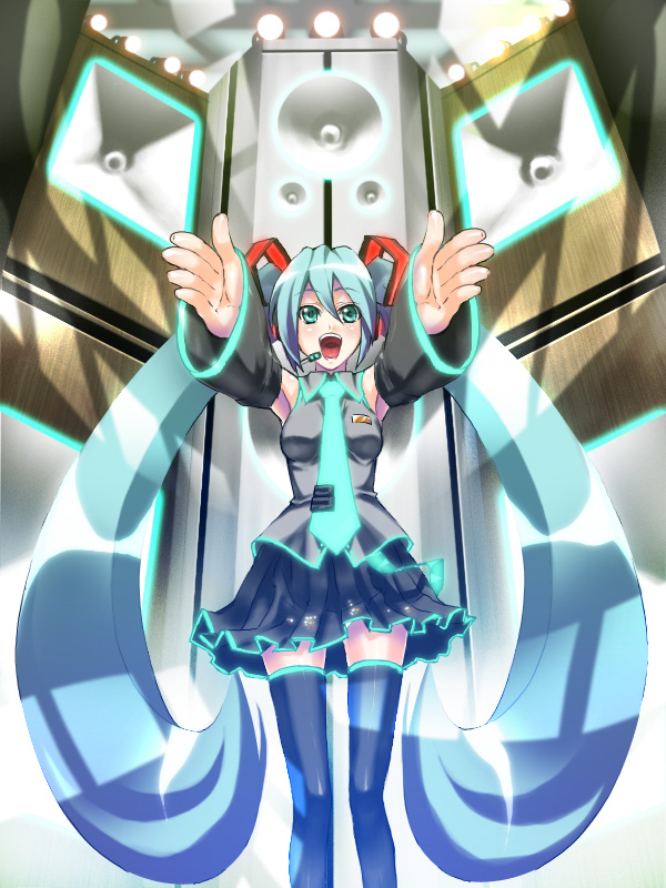 ifuji shinsen, hatsune miku, vocaloid, detached sleeves, green eyes, green hair, long hair, microphone, necktie, skirt, solo, speaker, thighhighs, twintails, zettai ryouiki