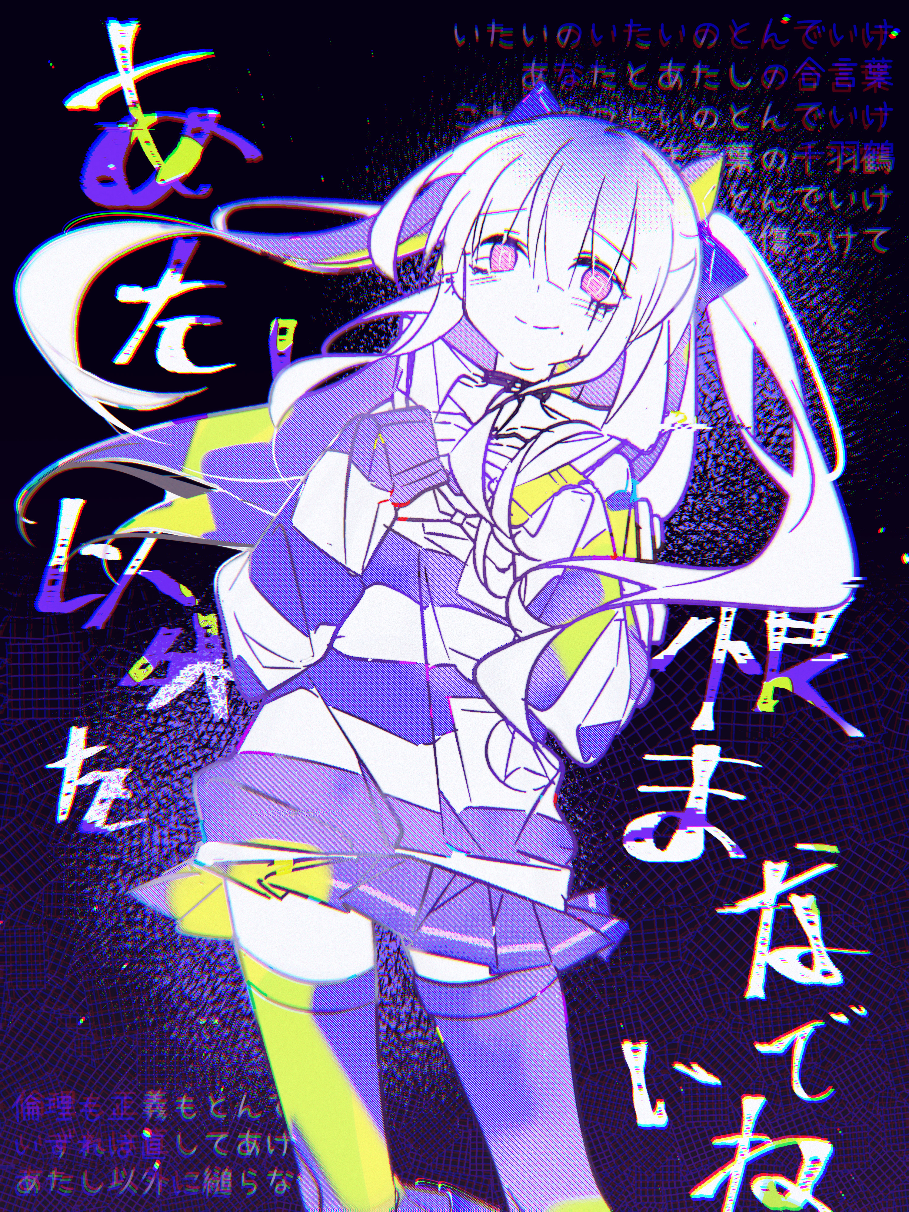 amemiya darumi, the hundred line -last defense academy-, absurdres, chinese commentary, commentary request, highres, translation request, 1girl, bow, chinese text, choker, cowboy shot, facial mark, floating hair, hair bow, hands up, heart, heart facial mark, jichui793, leaning to the side, limited palette, long hair, looking at viewer, makeup, pink eyes, pleated skirt, runny makeup, safety pin, shirt, skirt, smile, striped clothes, striped shirt, thighhighs, twintails