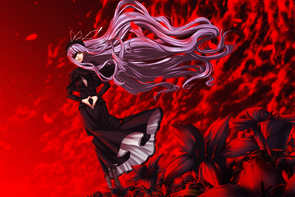 ifuji shinsen, original, 1girl, black dress, cloud, dress, dutch angle, eyepatch, female focus, flower, long hair, own hands together, petals, purple hair, red eyes, red sky, red theme, sky, solo, very long hair, white hair