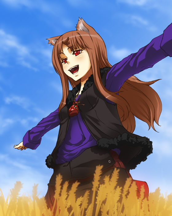 ifuji shinsen, holo, spice and wolf, 00s, animal ears, brown hair, long hair, red eyes, solo, wheat, wolf ears