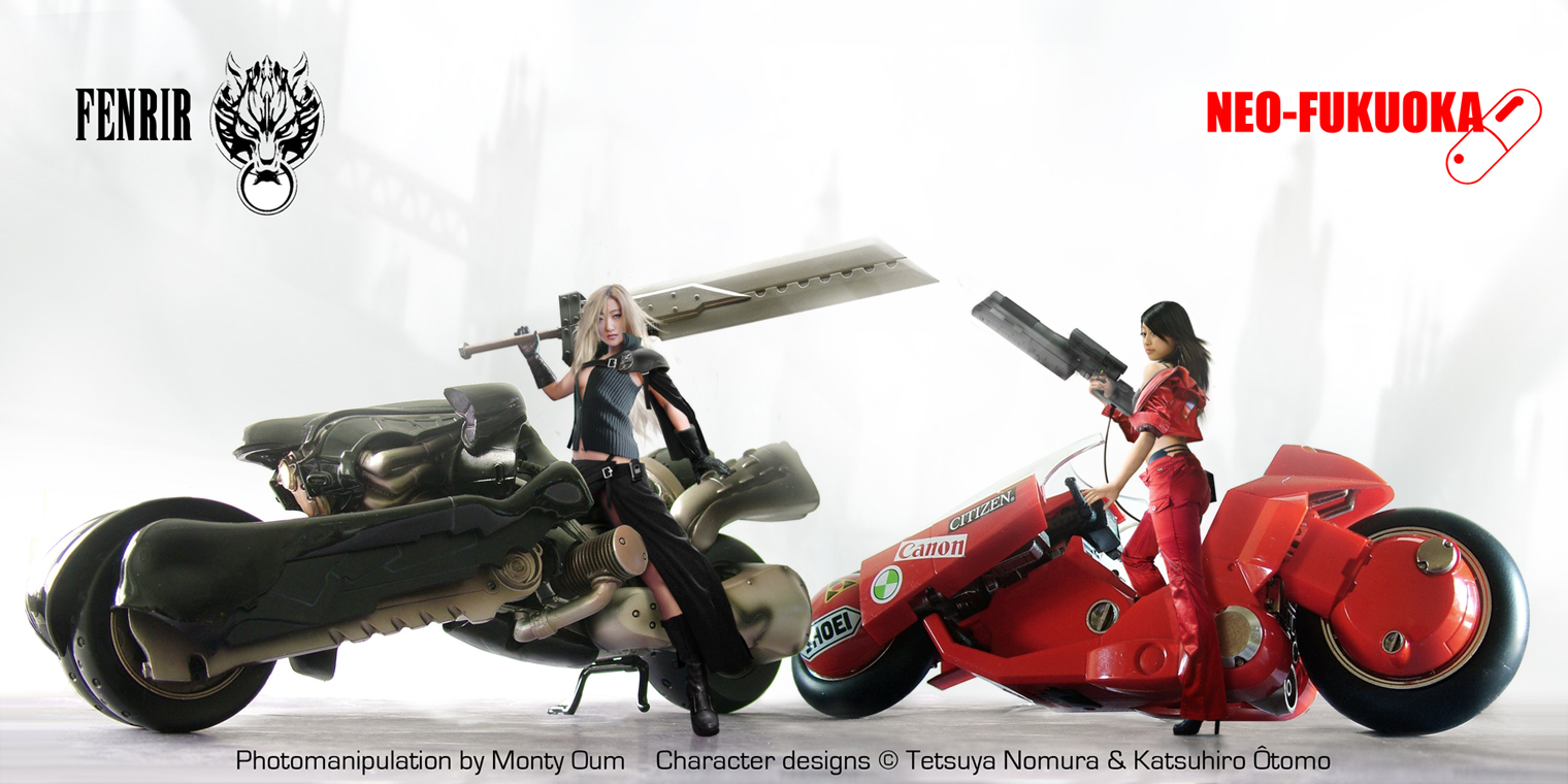 monty oum, cloud strife, kaneda shoutarou (akira), akira (manga), bmw, canon (company), citizen (company), final fantasy, final fantasy vii, final fantasy vii advent children, shoei, vehicle, 1980s (style), bad deviantart id, bad id, 00s, 1990s (style), 2girls, bra, company name, crossover, genderswap, genderswap (mtf), gun, high heels, jacket, leather, lingerie, motor vehicle, motorcycle, multiple girls, oldschool, pants, red jacket, red pants, retro artstyle, shoes, sword, underwear, weapon