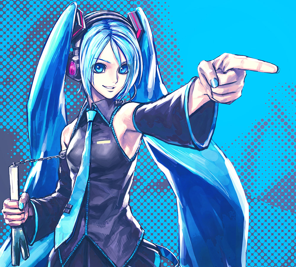 iwai ryou, hatsune miku, vocaloid, 1girl, aqua eyes, aqua hair, aqua nails, armpits, bare shoulders, detached sleeves, female focus, flat chest, headset, long hair, nail polish, necktie, nunchaku, nunchucks, pointing, skirt, smile, solo, spring onion, twintails, very long hair, weapon