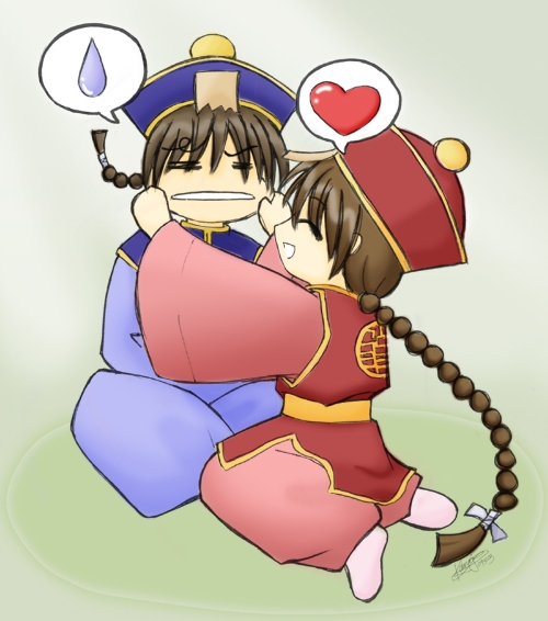 bongun, munak, ragnarok online, 1boy, 1girl, :d, ^ ^, blue dress, chinese clothes, cloak, closed eyes, couple, dress, grimace, happy, hat, heart, jiangshi, long sleeves, open mouth, qingdai guanmao, red dress, smile, spoken heart, spoken sweatdrop, sweatdrop, wide sleeves