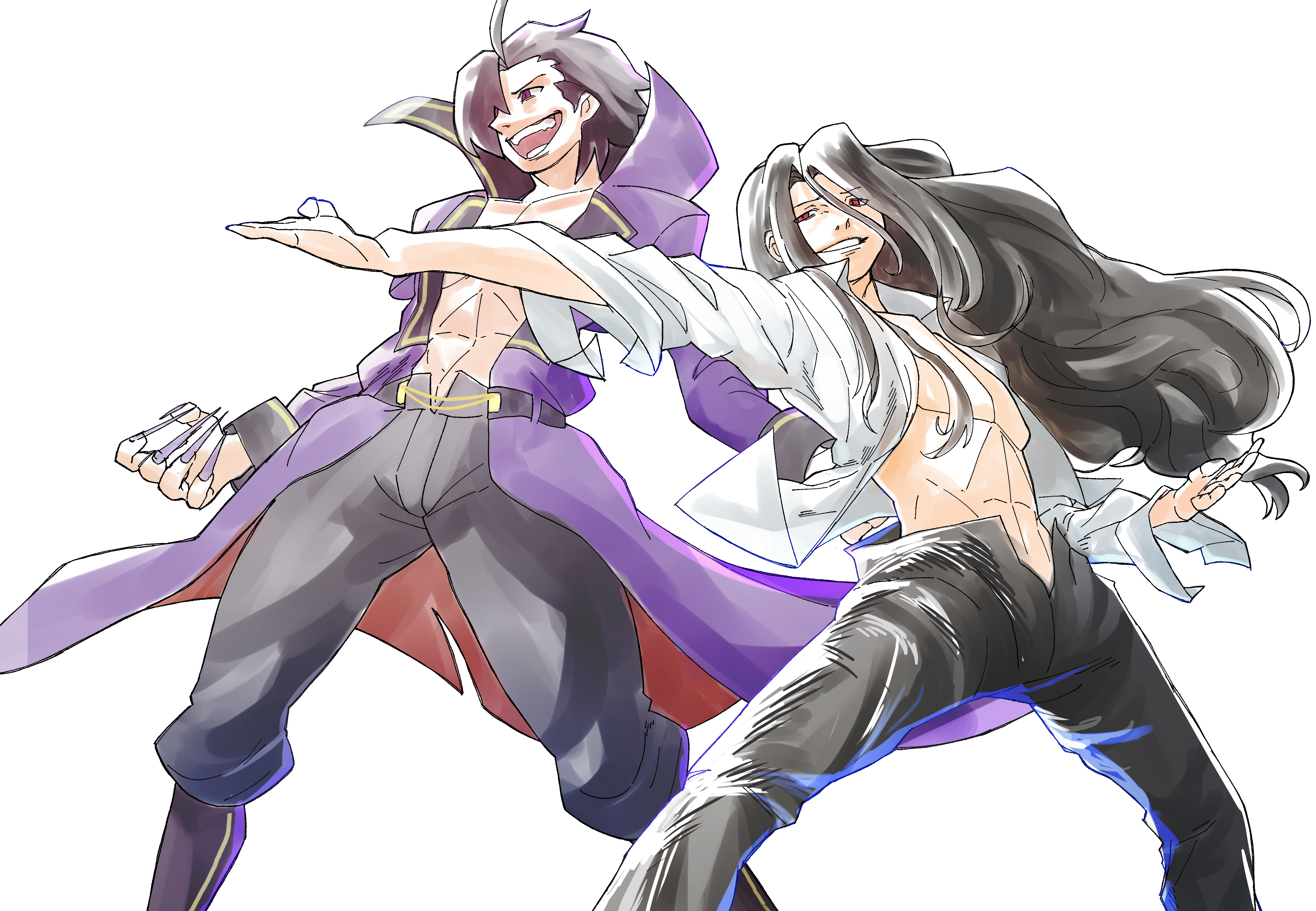 beffen m, gordeau (under night in-birth), michael roa valdamjong, melty blood, tsukihime, under night in-birth, absurdres, highres, 2boys, arms at sides, black pants, crossover, fingernails, floating hair, hair between eyes, hair over one eye, jacket, long hair, male focus, multiple boys, open clothes, open fly, open jacket, open mouth, open shirt, pants, red eyes, sharp fingernails, shirt, smile, vampire, white shirt