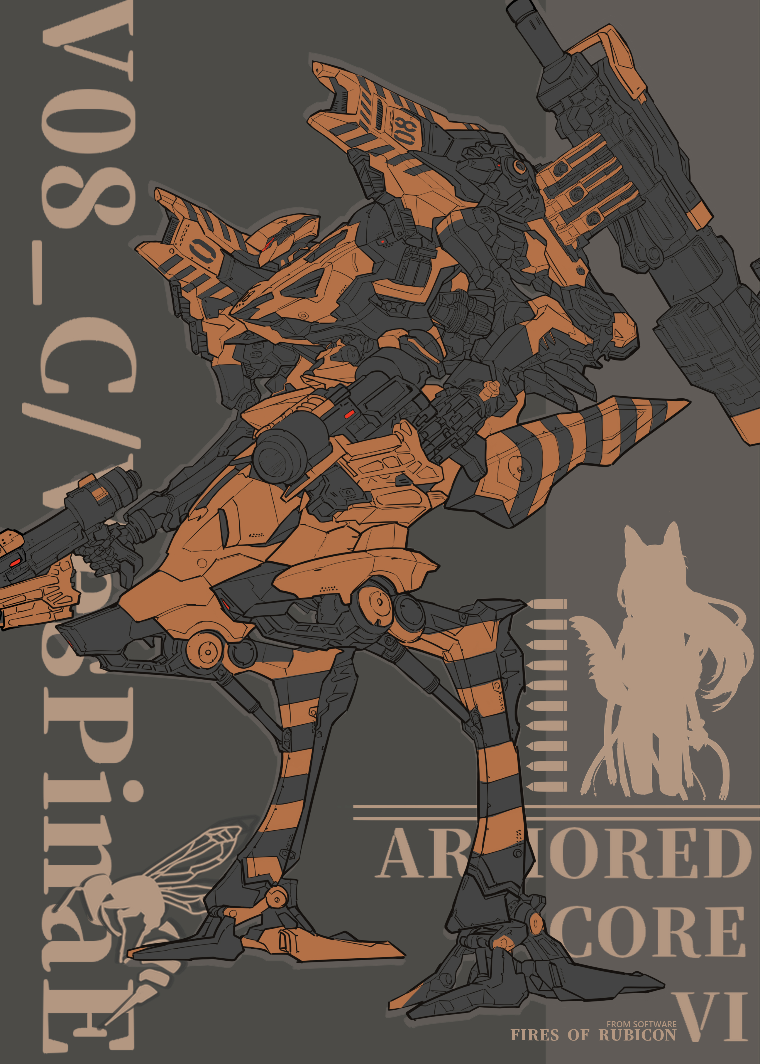 izayoi cha, 621 (armored core vi), armored core, armored core vi: fires of rubicon, fromsoftware, absurdres, highres, assault visor, holding, holding weapon, machinery, mecha, mecha focus, mechanical arms, mechanical hands, mechanical legs, one-eyed, robot, science fiction, shoulder cannon, thrusters, weapon