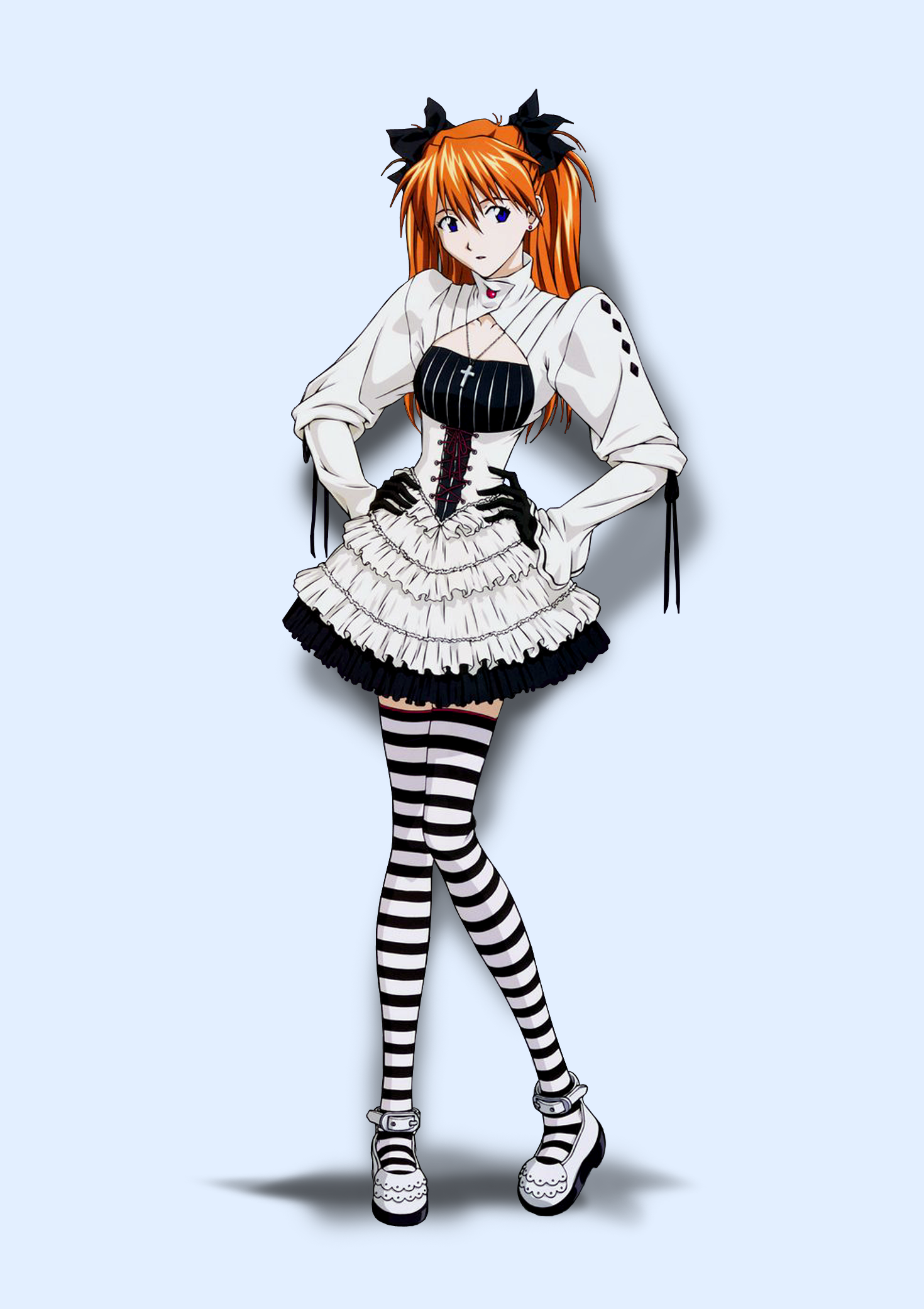 fukano youichi, souryuu asuka langley, neon genesis evangelion, highres, scan, cross, gloves, gothic lolita, lolita fashion, thighhighs