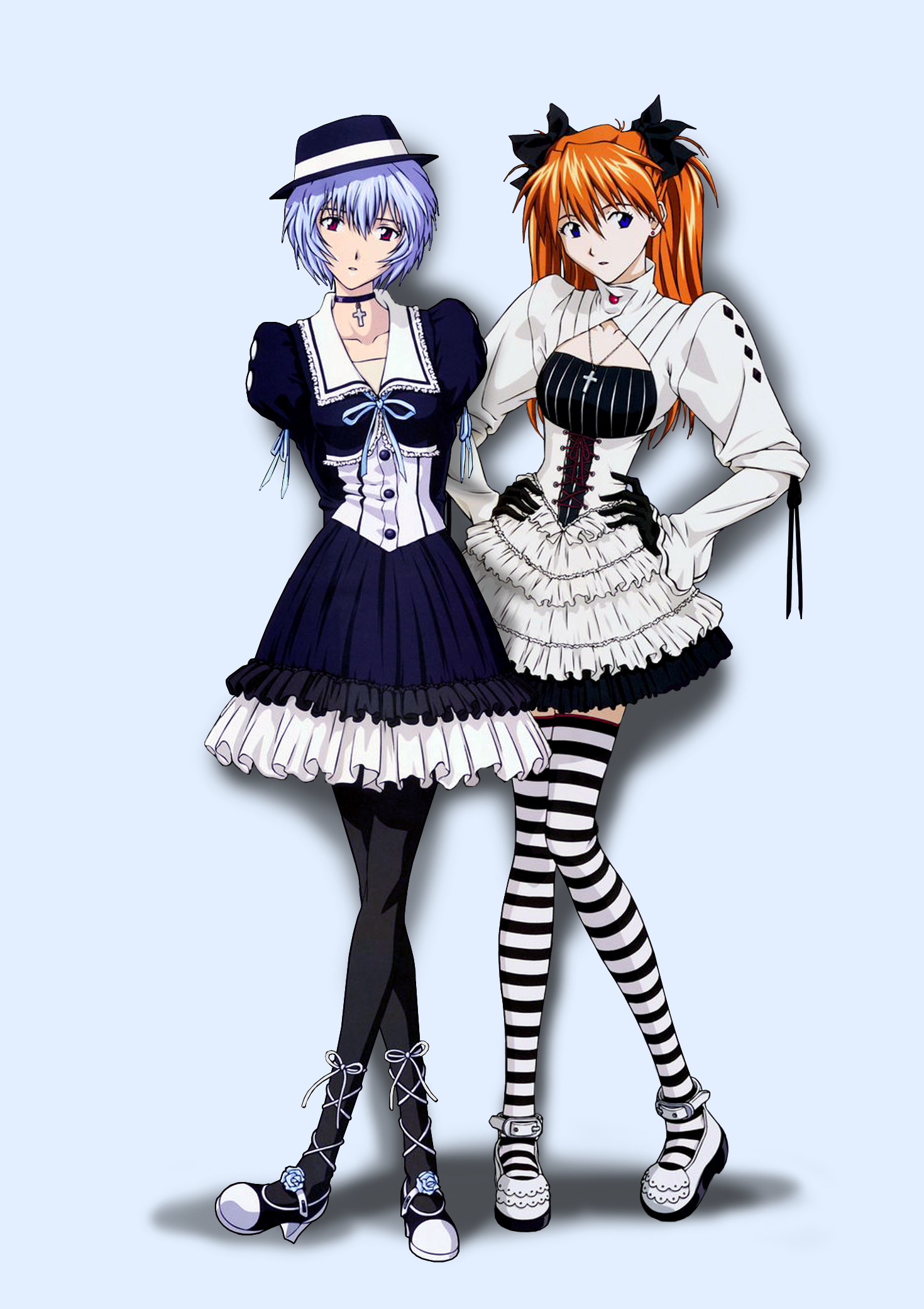 fukano youichi, ayanami rei, souryuu asuka langley, neon genesis evangelion, highres, cross, gloves, gothic lolita, hat, lolita fashion