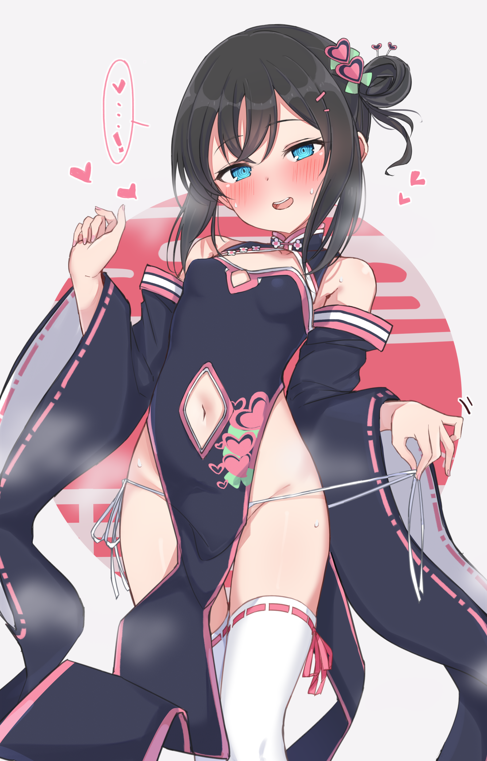 nonono mino, layla (mino), original, absurdres, commentary request, highres, …!, 1girl, :d, black dress, black hair, black sleeves, blue eyes, blush, breasts, china dress, chinese clothes, cleavage cutout, clothing cutout, detached sleeves, dress, egasumi, grey background, groin, hair bun, hair ornament, heart, heart hair ornament, heavy breathing, long sleeves, navel, navel cutout, open mouth, panties, pelvic curtain, red background, ribbon-trimmed thighhighs, ribbon trim, round image, side-tie panties, single side bun, sleeveless, sleeveless dress, small breasts, smile, solo, spoken heart, thighhighs, underwear, untied panties, white panties, white thighhighs, wide sleeves