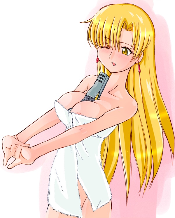 tendou rushuna, grenadier (manga), 00s, 1girl, ;o, areola slip, between breasts, blonde hair, blush, breasts, cleavage, earrings, female focus, groin, gun, handgun, huge breasts, jewelry, large breasts, long hair, naked towel, nude, one eye closed, open mouth, outstretched arms, revolver, shadow, simple background, solo, standing, stretching, towel, very long hair, weapon, white background, wink, yellow eyes