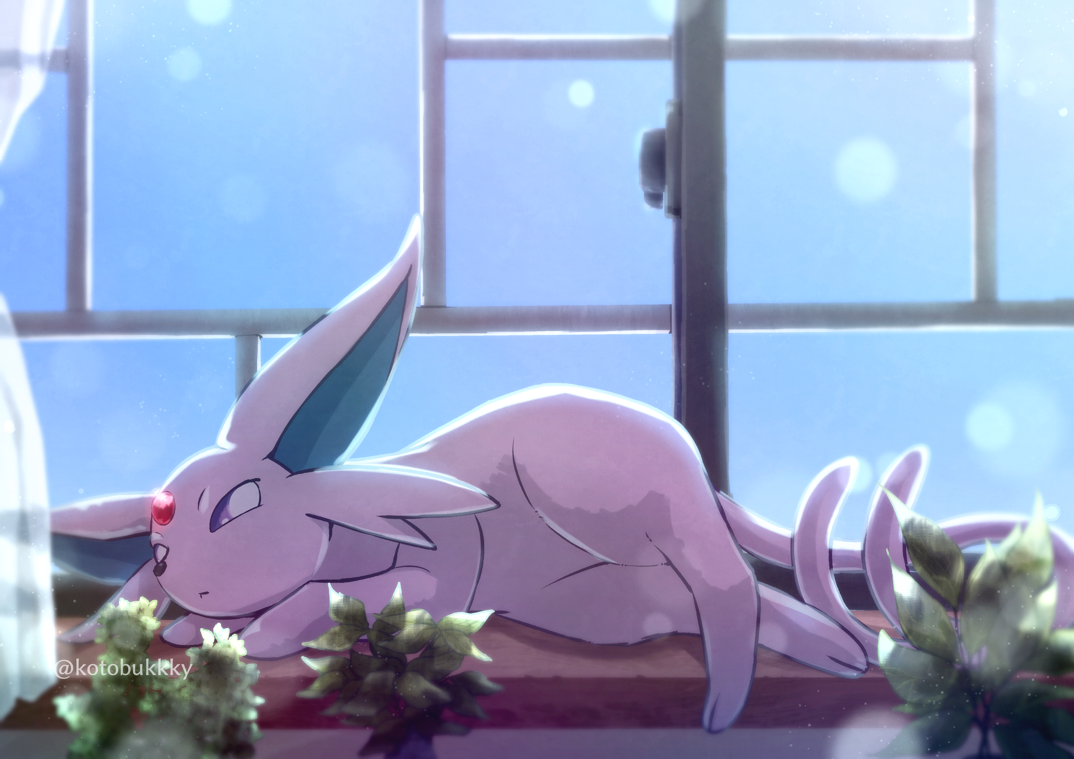 kotobukkii (yt lvlv), espeon, nintendo, pokemon, absurdres, commentary request, highres, blurry, bright pupils, day, forehead jewel, gen 2 pokemon, lying, no humans, on windowsill, pokemon (creature), pokemon focus, purple eyes, solo, white pupils, window
