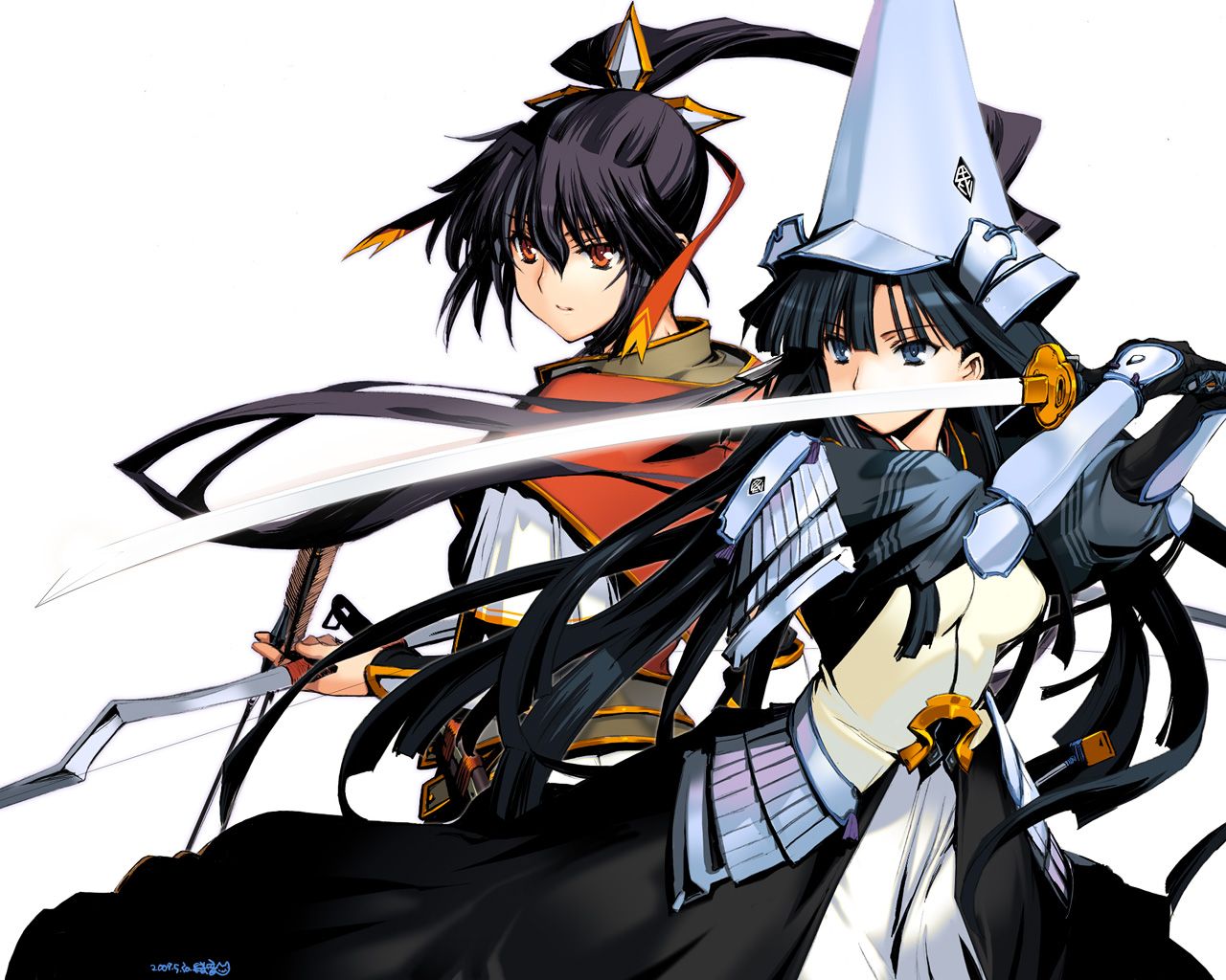 orion, orion (orionproject), uesugi kenshin (rance), yamamoto isoroku (rance), rance (series), sengoku rance, 2girls, armor, armored dress, arrow (projectile), black dress, bow (weapon), dress, japanese armor, japanese clothes, kusazuri, multiple girls, shoulder armor, sode, sword, weapon, white background, yamamoto 56