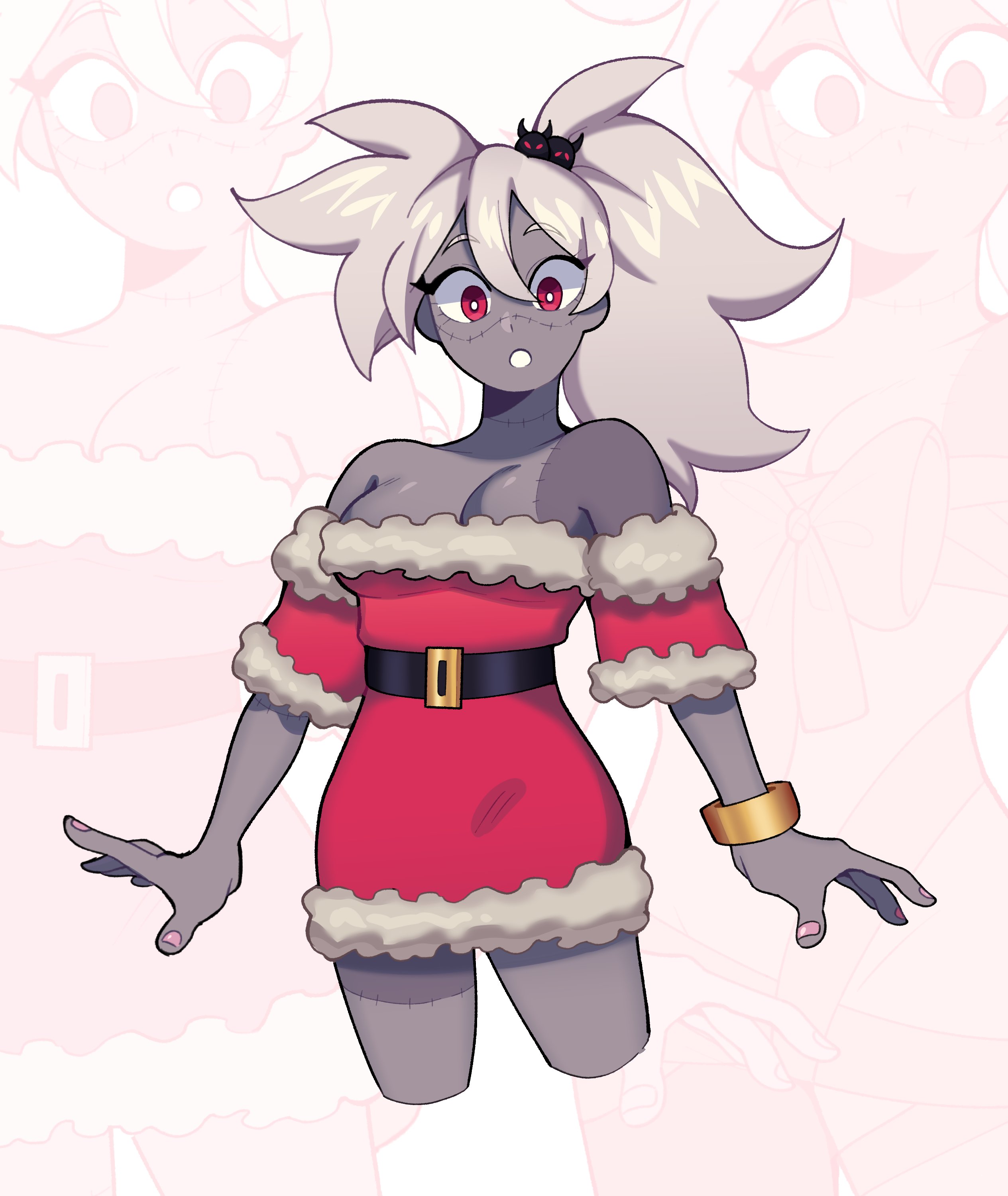 maejpg ., original, absurdres, highres, 1girl, bracelet, colored skin, dress, gold bracelet, grey skin, jewelry, long hair, looking at viewer, pink nails, red eyes, santa costume, santa dress, slit pupils, solo, stitched arm, stitched face, stitches, strapless, strapless dress, tibia (maejpg), white hair, zombie