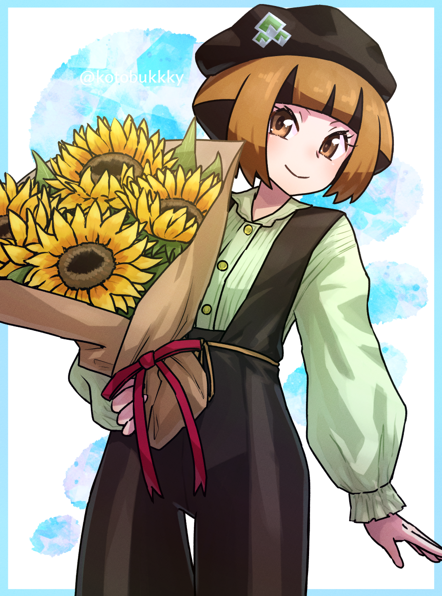 kotobukkii (yt lvlv), gardenia (pokemon), nintendo, pokemon, pokemon dppt, commentary request, highres, 1girl, alternate costume, blunt bangs, bouquet, brown eyes, brown hair, buttons, closed mouth, collared shirt, cowboy shot, eyelashes, flower, green shirt, hat, long sleeves, overalls, red ribbon, ribbon, shirt, short hair, smile, solo, sunflower, watermark