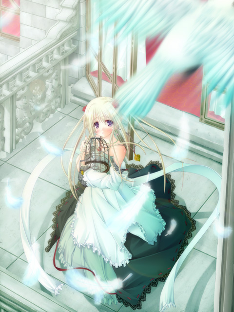 kago no tori, original, bad id, bad pixiv id, tagme, bird, dress, feathers, solo